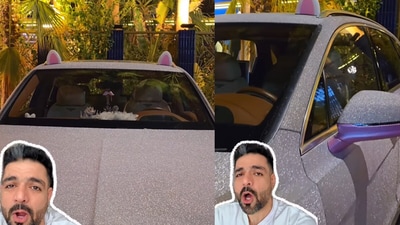 Parikshit Balochi shared a rare glimpse of the crystal-covered Bentley with cat ears in Dubai. (@parikshitbalochi/Instagram) Parikshit Balochi shared a rare glimpse of the crystal-covered Bentley with cat ears in Dubai. (@parikshitbalochi/Instagram)