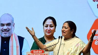 Delhi Chief Minister Rekha Gupta addresses a gathering during the inauguration of development projects on the occasion of Prime Minister Narendra Modi’s 75th birthday at Thyagaraj Stadium, in New Delhi on Wednesday. (ANI Photo) Delhi Chief Minister Rekha Gupta addresses a gathering during the inauguration of development projects on the occasion of Prime Minister Narendra Modi’s 75th birthday at Thyagaraj Stadium, in New Delhi on Wednesday. (ANI Photo)