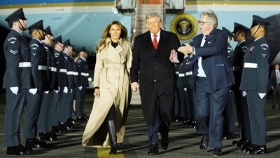 President Donald Trump and first lady Melania Trump are greeted by The Viscount Hood, Lord-in-Waiting, center, right, as they arrive at Stansted Airport near London, Tuesday, Sept. 16, 2025. (AP) President Donald Trump and first lady Melania Trump are greeted by The Viscount Hood, Lord-in-Waiting, center, right, as they arrive at Stansted Airport near London, Tuesday, Sept. 16, 2025. (AP)