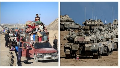 Israeli military vehicles (right) near the border with Gaza, in Israel on September 17 and displaced Palestinians (left) move with their belongings southwards on September 16. (AFP and Reuters )