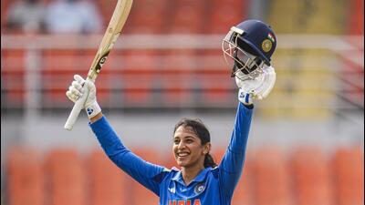 India's Smriti Mandhana celebrates her century during the second ODI against Australia in New Chandigarh, Wednesday. (PTI) India's Smriti Mandhana celebrates her century during the second ODI against Australia in New Chandigarh, Wednesday. (PTI)