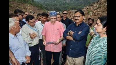 Jammu and Kashmir Chief Minister Omar Abdullah inspects the flood-affected areas, on Wednesday. (ANI)