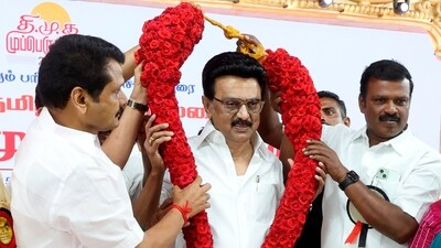 Tamil Nadu Chief Minister MK Stalin being felicitated during DMK's 'Mupperum Vizha' event, in Karur, Tamil Nadu. (PTI Photo) (PTI)
