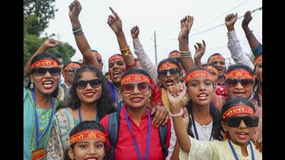 Pilgrims chanting slogans as they arrive to proceed for the Mata Vaishno Devi shrine at Darshani Deodi, Katra, in Reasi district on Wednesday. (PTI Photo) Pilgrims chanting slogans as they arrive to proceed for the Mata Vaishno Devi shrine at Darshani Deodi, Katra, in Reasi district on Wednesday. (PTI Photo)