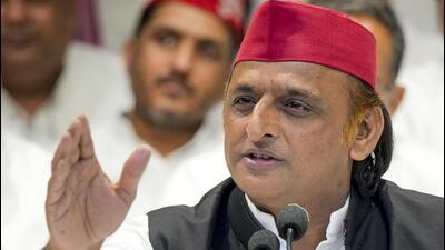 Samajwadi Party president Akhilesh Yadav at a press conference in Lucknow on Wednesday. (PTI Photo)