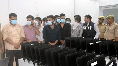 The suspects were booked for cheating, impersonation, and fraud and also under the provisions of the IT Act at Crossings Republik police station. (Sakib Ali/HT Photo) The suspects were booked for cheating, impersonation, and fraud and also under the provisions of the IT Act at Crossings Republik police station. (Sakib Ali/HT Photo)