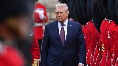 President Donald Trump reviews the Guard of Honour after the arrival at Windsor Castle in Windsor, England, Wednesday, Sept. 17, 2025.(AP Photo/Kirsty Wigglesworth, Pool) (AP) President Donald Trump reviews the Guard of Honour after the arrival at Windsor Castle in Windsor, England, Wednesday, Sept. 17, 2025.(AP Photo/Kirsty Wigglesworth, Pool) (AP)