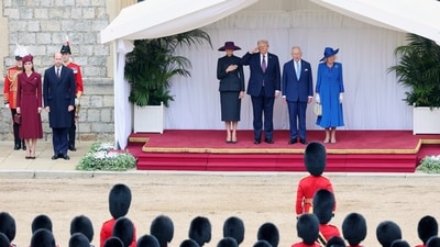 Britain's Kate, Princess of Wales, from left, Prince William, first lady Melania Trump, President Donald Trump, Britain's King Charles III and Queen Camilla review the Guard of Honour at Windsor Castle in Windsor, England, Wednesday Sept. 17, 2025. (Chris Jackson/Pool Photo via AP) (AP) Britain's Kate, Princess of Wales, from left, Prince William, first lady Melania Trump, President Donald Trump, Britain's King Charles III and Queen Camilla review the Guard of Honour at Windsor Castle in Windsor, England, Wednesday Sept. 17, 2025. (Chris Jackson/Pool Photo via AP) (AP)
