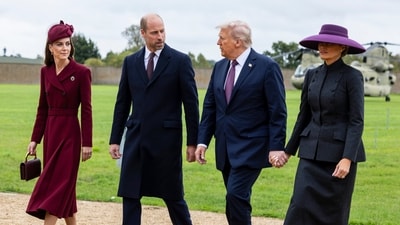 President Donald Trump and first lady Melania Trump are welcomed by Britain's Prince William and Kate, the Princess of Wales, on the Windsor Castle estate, in Windsor, England, Wednesday, Sept. 17, 2025. (Ian Vogler/Pool Photo via AP) (AP)