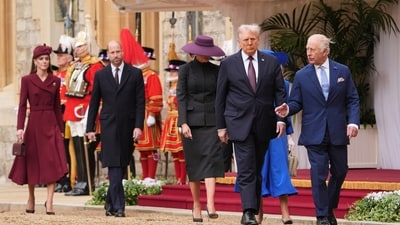 From left, Britain's Kate, Princess of Wales, Britain's Prince William, President Donald Trump and first lady Melania Trump, Britain's King Charles III and Britain's Queen Camilla walk during arrival ceremony at Windsor Castle, in Windsor, England, Wednesday, Sept. 17, 2025. (AP Photo/Evan Vucci) (AP) From left, Britain's Kate, Princess of Wales, Britain's Prince William, President Donald Trump and first lady Melania Trump, Britain's King Charles III and Britain's Queen Camilla walk during arrival ceremony at Windsor Castle, in Windsor, England, Wednesday, Sept. 17, 2025. (AP Photo/Evan Vucci) (AP)