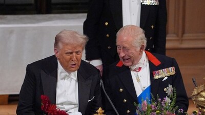 US President Donald Trump (L) with Britain's King Charles and Kate at the banquet dinner hosted by the UK. (AP) US President Donald Trump (L) with Britain's King Charles and Kate at the banquet dinner hosted by the UK. (AP)
