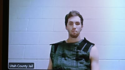 Tyler Robinson, 22, the suspect in the shooting death of Charlie Kirk, appears by camera before Judge Tony Graf (via REUTERS)