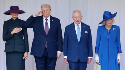 First Lady Melania Trump, U.S. President Donald Trump, King Charles III and Queen Camilla stand during the State visit by the President of the United States of America at Windsor Castle on September 17, 2025 in Windsor, England.     Chris Jackson/Pool via REUTERS (via REUTERS)