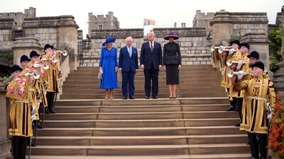 U.S. President Donald Trump and First Lady Melania Trump participate in a Windsor Castle East Lawn Ceremony with King Charles and Her Majesty Queen Camilla of the United Kingdom of Great Britain, Wednesday, Sept, 17, 2025.  Doug Mills/The New York Times/Pool via REUTERS (via REUTERS)