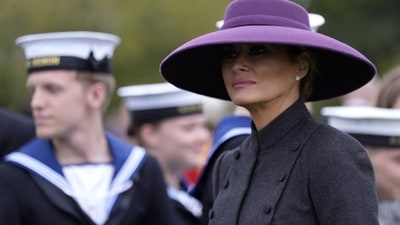 First Lady Melania Trump looks on as she meets members of the Armed forces following a Beating Retreat military ceremony at Windsor Castle, Berkshire, on day one of US President Donald Trump's second state visit to the UK. Picture date: Wednesday September 17, 2025.    Andrew Matthews/Pool via REUTERS (via REUTERS)