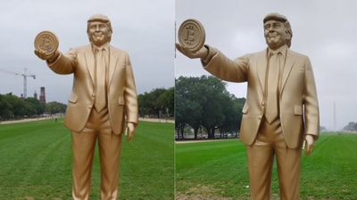 A 12-foot golden statue of President Donald Trump holding a Bitcoin was unveiled (X) A 12-foot golden statue of President Donald Trump holding a Bitcoin was unveiled (X)