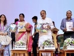 Delhi Chief Minister Rekha Gupta and state education minister Ashish Sood launch three educational programs at Bharat Mandapam in New Delhi on Thursday.