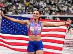 United States' Sydney McLaughlin-Levrone reacts after winning the gold medal in the women's 400 meters final at the World Athletics Championships in Tokyo, Thursday, Sept. 18, 2025. (AP Photo/Hiro Komae)