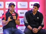 Indian javelin throwers Neeraj Chopra, left, and Sachin Yadav during a press conference. Indian javelin throwers Neeraj Chopra, left, and Sachin Yadav during a press conference.