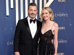 LOS ANGELES, CALIFORNIA - SEPTEMBER 14: (L-R) Jimmy Kimmel and Molly McNearney attend the 77th Primetime Emmy Awards at Peacock Theater on September 14, 2025 in Los Angeles, California.   Frazer Harrison/Getty Images/AFP (Photo by Frazer Harrison / GETTY IMAGES NORTH AMERICA / Getty Images via AFP)