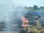 A farmer burns straw stubble after a harvest in a paddy field on the outskirts of Amritsar on September 16.