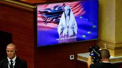 Albania's new AI-generated minister, Diella, speaks during the parliamentary session for the voting of the new government in Tirana on September 18, 2025. (AFP) Albania's new AI-generated minister, Diella, speaks during the parliamentary session for the voting of the new government in Tirana on September 18, 2025. (AFP)