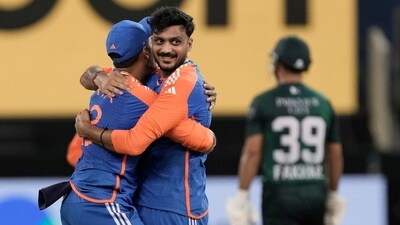 India's Axar Patel celebrates with captain Suryakumar Yadav, left, (AP) India's Axar Patel celebrates with captain Suryakumar Yadav, left, (AP)