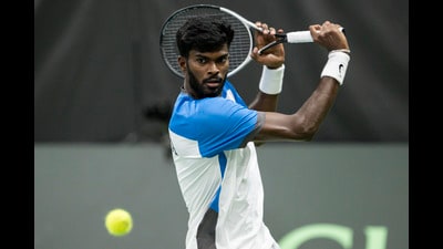 India's Dhakshineswar Suresh against Jerome Kym during the first match of the Davis Cup World Group I round against Switzerland. (AP)