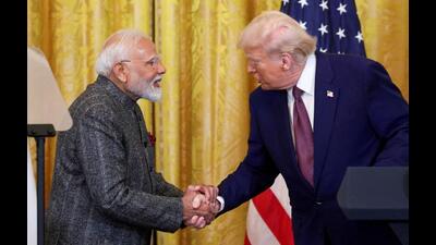 Indian Prime Minister Narendra Modi (left) and US President Donald Trump shake hands as they attend a joint press conference at the White House in Washington, D.C., U.S., on February 13, 2025. (REUTERS) Indian Prime Minister Narendra Modi (left) and US President Donald Trump shake hands as they attend a joint press conference at the White House in Washington, D.C., U.S., on February 13, 2025. (REUTERS)