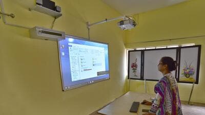 Ludhiana, India – : View of Smart classroom Equipped with led and projecter at a Government School in Ludhiana. (Photo Hindustan Times)