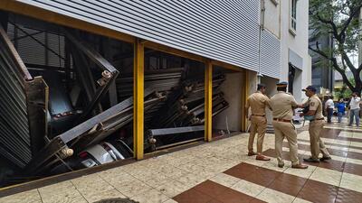 Mumbai, India. Sep 15, 2025 - Puzzle car parking at the Aaroha building in Matunga collapsed on Monday afternoon, trapping five cars inside.Mumbai, India. Sep 15, 2025. (Photo by Raju Shinde/HT Photo) (Raju Shinde) Mumbai, India. Sep 15, 2025 - Puzzle car parking at the Aaroha building in Matunga collapsed on Monday afternoon, trapping five cars inside.Mumbai, India. Sep 15, 2025. (Photo by Raju Shinde/HT Photo) (Raju Shinde)