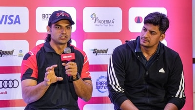 Indian javelin throwers Neeraj Chopra, left, and Sachin Yadav during a press conference. (PTI) Indian javelin throwers Neeraj Chopra, left, and Sachin Yadav during a press conference. (PTI)