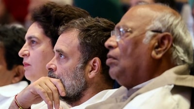 Congress President Mallikarjun Kharge, party leaders Rahul Gandhi, Priyanka Gandhi Vadra (AICC) Congress President Mallikarjun Kharge, party leaders Rahul Gandhi, Priyanka Gandhi Vadra (AICC)