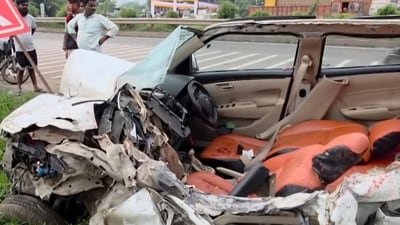 Wrecked remains of a vehicle after it rammed into a container truck on Mumbai-Bengaluru Highway, in Pune, Thursday, Sept. 18, 2025. Two college students were killed in the incident. (PTI) Wrecked remains of a vehicle after it rammed into a container truck on Mumbai-Bengaluru Highway, in Pune, Thursday, Sept. 18, 2025. Two college students were killed in the incident. (PTI)