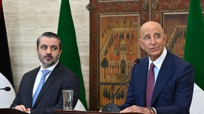 Syrian Foreign Minister Asaad al-Shaibani (L) watches as US special envoy for Syria Tom Barrack speaks. (AFP File) Syrian Foreign Minister Asaad al-Shaibani (L) watches as US special envoy for Syria Tom Barrack speaks. (AFP File)