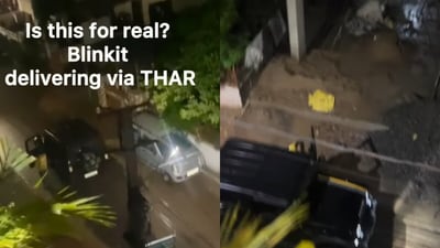 A viral video captured Blinkit agent stepping out of a Thar, handing over an order, then getting back in. (@divyagroovezz/Instagram) A viral video captured Blinkit agent stepping out of a Thar, handing over an order, then getting back in. (@divyagroovezz/Instagram)