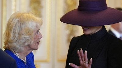 Britain's Queen Camilla, left, and first lady Melania Trump talk during their visit to Windsor Castle, in Windsor, England, Wednesday Sept. 17, 2025. (Aaron Chown/Pool Photo via AP) (AP) Britain's Queen Camilla, left, and first lady Melania Trump talk during their visit to Windsor Castle, in Windsor, England, Wednesday Sept. 17, 2025. (Aaron Chown/Pool Photo via AP) (AP)