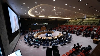 A senior US policy adviser said other council members "ignored" Washington's warning about the “unacceptable” language and instead adopted “performative action designed to draw a veto.” (AFP) A senior US policy adviser said other council members "ignored" Washington's warning about the “unacceptable” language and instead adopted “performative action designed to draw a veto.” (AFP)