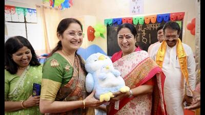 Union Minister for Women and Child Development Annapurna Devi and Delhi CM Rekha Gupta inaugurate 502 Anganwadi-cum-Creche Centres in New Delhi on Thursday. (HT PHOTO) Union Minister for Women and Child Development Annapurna Devi and Delhi CM Rekha Gupta inaugurate 502 Anganwadi-cum-Creche Centres in New Delhi on Thursday. (HT PHOTO)