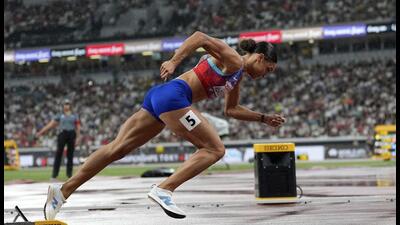 United States' Sydney McLaughlin-Levrone starts on her way to winning the gold medal in the women's 400 meters final at the World Athletics Championships in Tokyo. (AP) United States' Sydney McLaughlin-Levrone starts on her way to winning the gold medal in the women's 400 meters final at the World Athletics Championships in Tokyo. (AP)