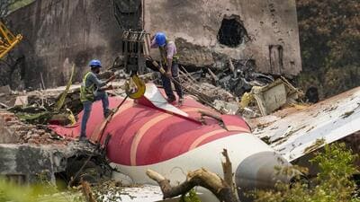 Wreckage of the Air India plane, which crashed into a medical hostel and its canteen complex moments after taking off from the Sardar Vallabhbhai Patel International Airport, in Ahmedabad, Gujarat. (PTI FILE) Wreckage of the Air India plane, which crashed into a medical hostel and its canteen complex moments after taking off from the Sardar Vallabhbhai Patel International Airport, in Ahmedabad, Gujarat. (PTI FILE)
