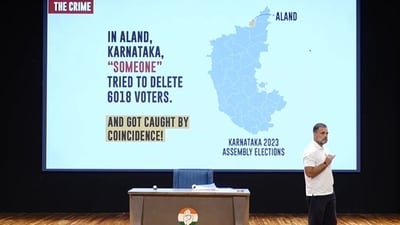 Rahul Gandhi addressing a press conference over his vote theft allegations against Election Commission on Thursday. (INC YouTube) Rahul Gandhi addressing a press conference over his vote theft allegations against Election Commission on Thursday. (INC YouTube)