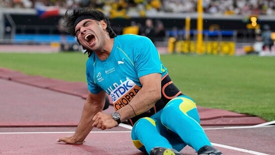 India's Neeraj Chopra reacts in the men's javelin throw final at the World Athletics Championships in Tokyo, Thursday, Sept. 18 (AP)