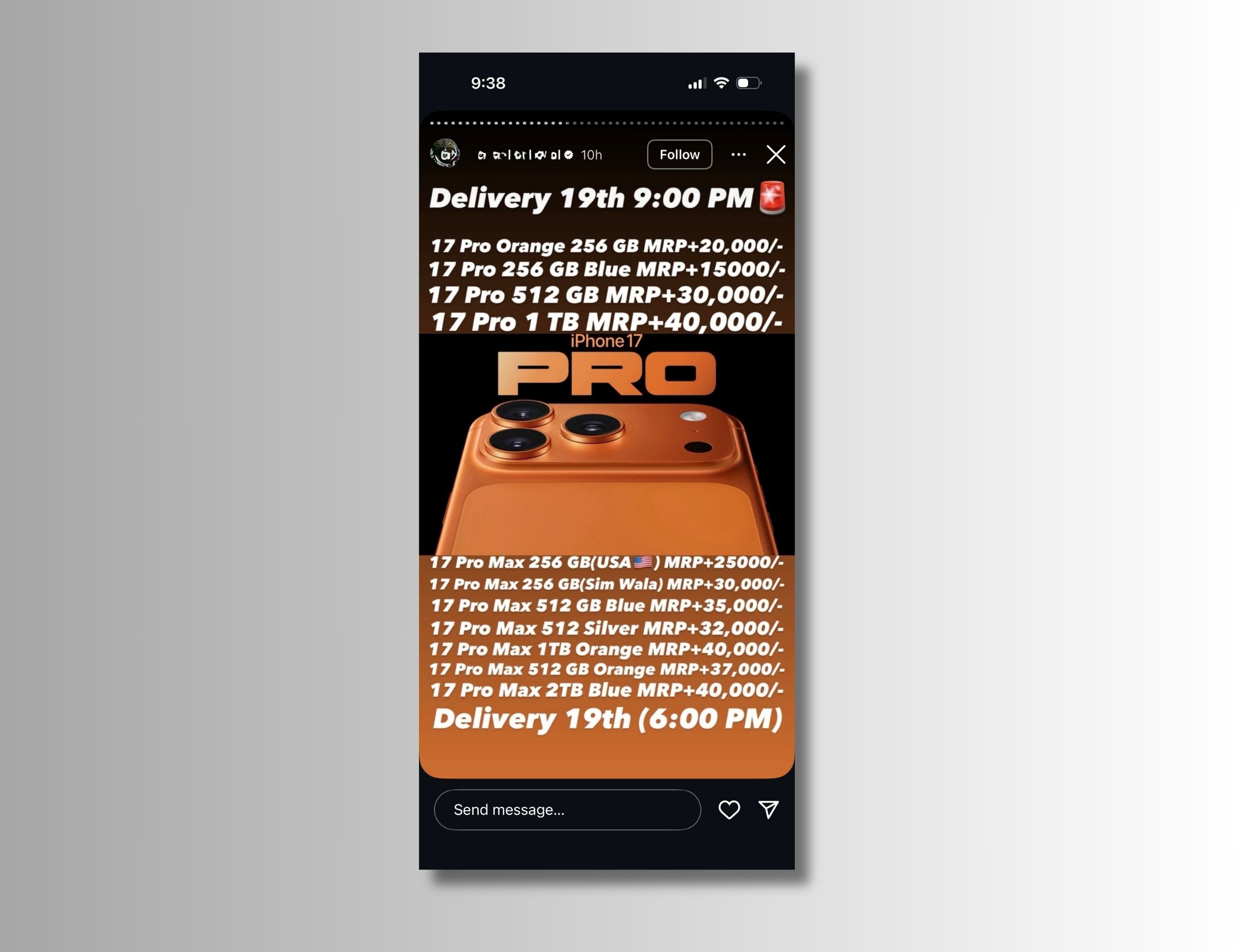 Screenshot of a public iPhone 17 Pro listing on Instagram (account blurred). (Shaurya Sharma - HT) Screenshot of a public iPhone 17 Pro listing on Instagram (account blurred). (Shaurya Sharma - HT)