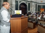 Defence minister Rajnath Singh addressing veterans and the families of the fallen war heroes of the 1965 war at an event organised by the Indian Army to celebrate 60th Anniversary of the 1965 India-Pakistan war at South Block, 