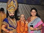 Ekta Nagpal (extreme right) with her mother Pushpa Juneja and her daughter Janvi Nagpal during the rehearsal of all-women Ramlila, scheduled to start on September 22 in Panchkula. (HT Photo)