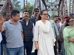 MP Kangana Ranaut during her visit to disaster-affected areas in Manali on Thursday. (Aqil Khan /HT) MP Kangana Ranaut during her visit to disaster-affected areas in Manali on Thursday. (Aqil Khan /HT)