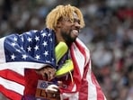 United States' Noah Lyles celebrates after winning the gold in the men's 200 meters final at the World Athletics Championships in Tokyo, Friday, Sept. 19, 2025. (AP Photo/Petr David Josek) (AP) United States' Noah Lyles celebrates after winning the gold in the men's 200 meters final at the World Athletics Championships in Tokyo, Friday, Sept. 19, 2025. (AP Photo/Petr David Josek) (AP)