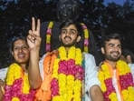 Winning members of ABVP during the celebration on Friday. (RAJ K RAJ /HT PHOTO) Winning members of ABVP during the celebration on Friday. (RAJ K RAJ /HT PHOTO)