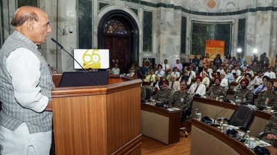 Defence minister Rajnath Singh addressing veterans and the families of the fallen war heroes of the 1965 war at an event organised by the Indian Army to celebrate 60th Anniversary of the 1965 India-Pakistan war at South Block, (PIB ) Defence minister Rajnath Singh addressing veterans and the families of the fallen war heroes of the 1965 war at an event organised by the Indian Army to celebrate 60th Anniversary of the 1965 India-Pakistan war at South Block, (PIB )